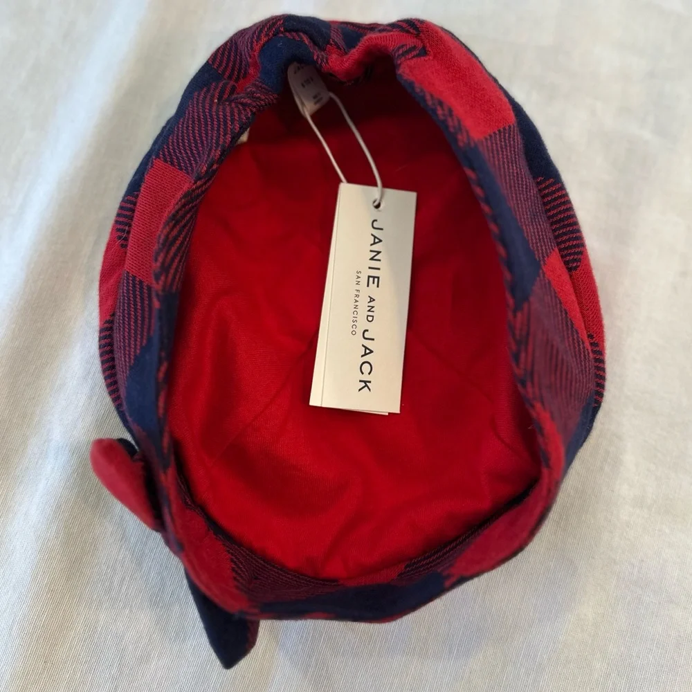 NWT Janie and Jack Plaid Red & Navy bow beret Girls 6-8y